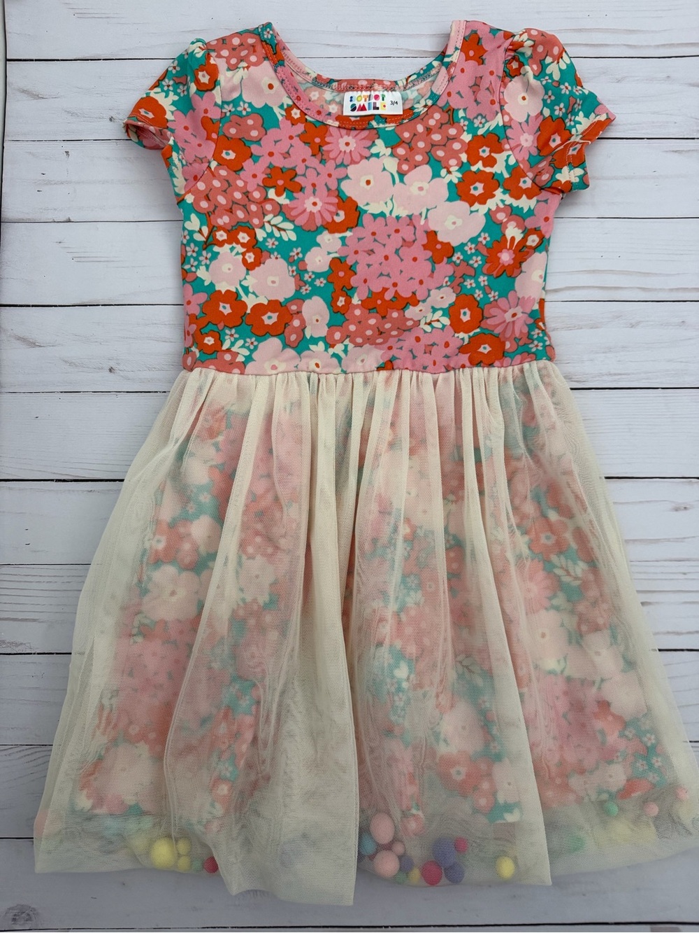 Floral Tulle Skirt Kids Dress - Pink & Teal